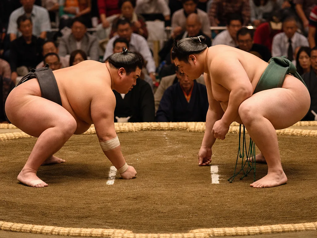 Two rikishi facing off in the ring
